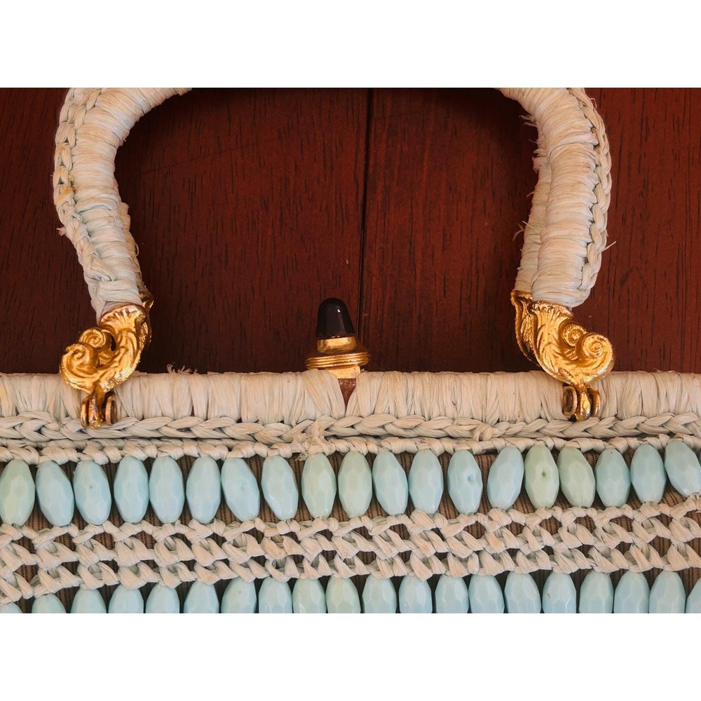 Barbara Lee Top Handle Woven Straw Bag Purse Robin Egg Blue Vintage MCM Italy - Picture 3 of 8